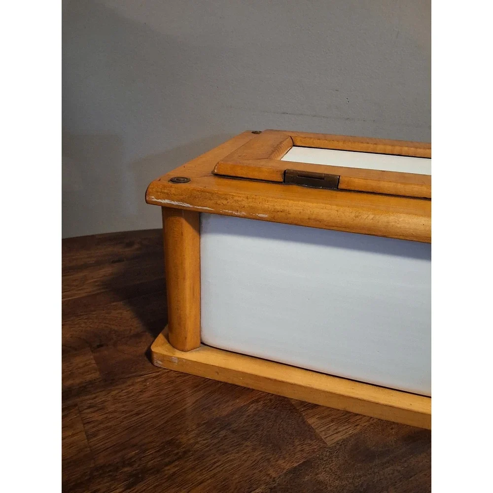 Vintage Germany Tiger Maple Wood and White Ceramic Bread Box Storage Container